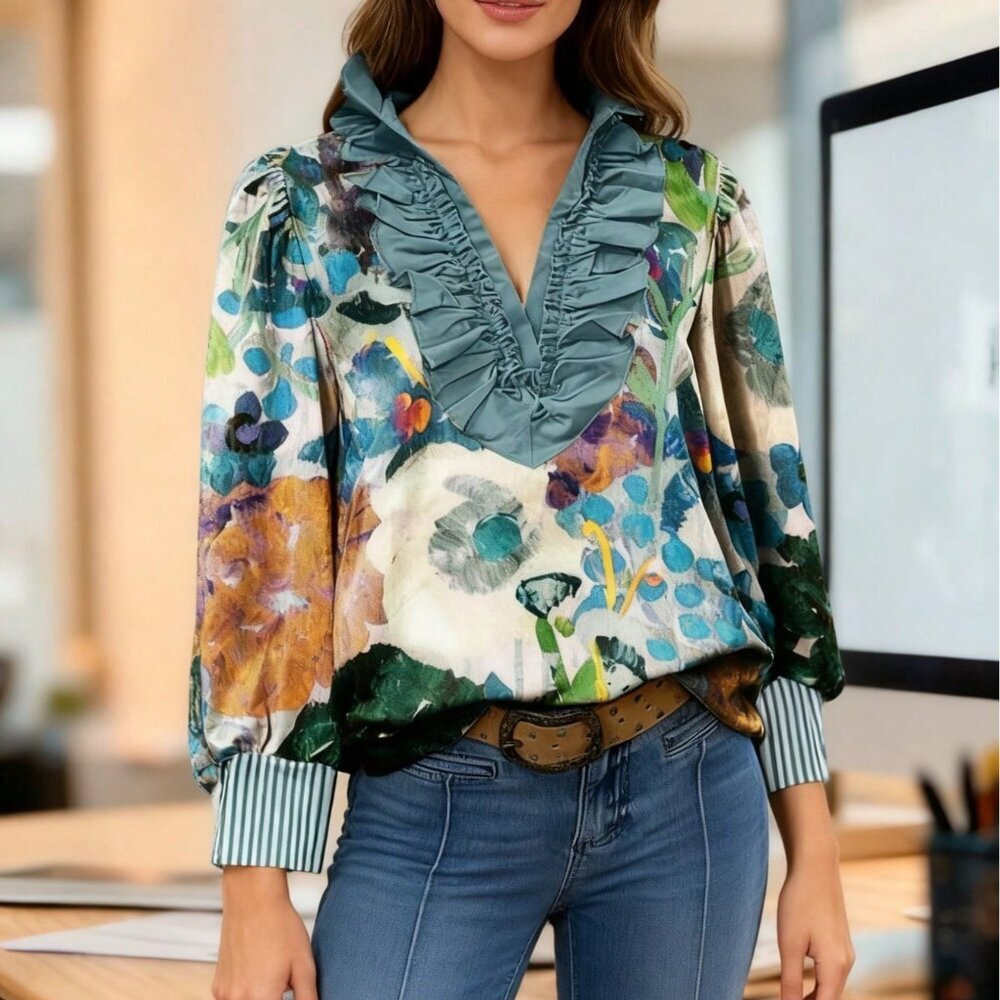 Multicolor Boho Women's Chic Floral Ruffled V-Neck Lantern Sleeve Blouse - Picture 1 of 5